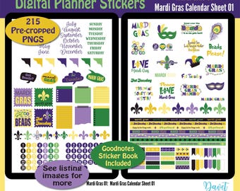 Digitaler Karneval-Kalender, Planner Stickers, Goodnotes-Datei, Planner Stickers Cropped PNG, Mardi Gras 01 - Karneval-Kalenderblatt 01