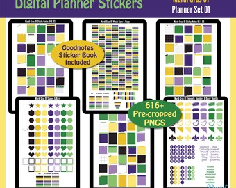 Digitale lila, gelbe, grüne Goodnotes-Aufkleber, digitale Planer-Aufkleber, PNG, Goodnotes-Datei, Mardi Gras 01 - Planer-Set 01