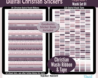 Digitale Washi Ribbon & Washi Tape Aufkleber Bibel Verse Sprüche Goodnotes Aufkleber Digitale Planner Aufkleber PNG Lila Rose 01 Washi Set 01