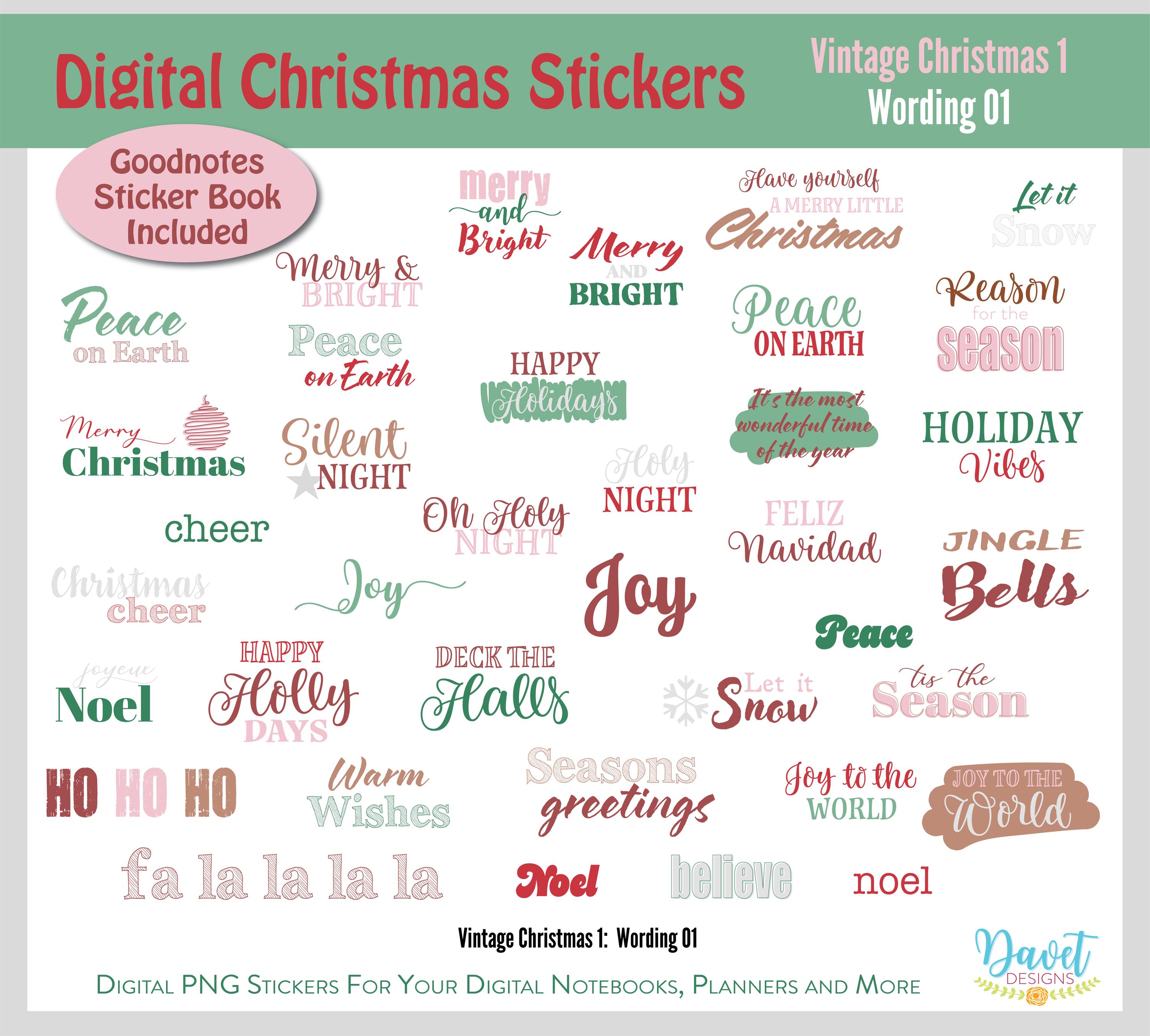 Digital Vintage Christmas Stickers Goodnotes Stickers Digital Planner Stickers PNG Set VC01 - Wording 01