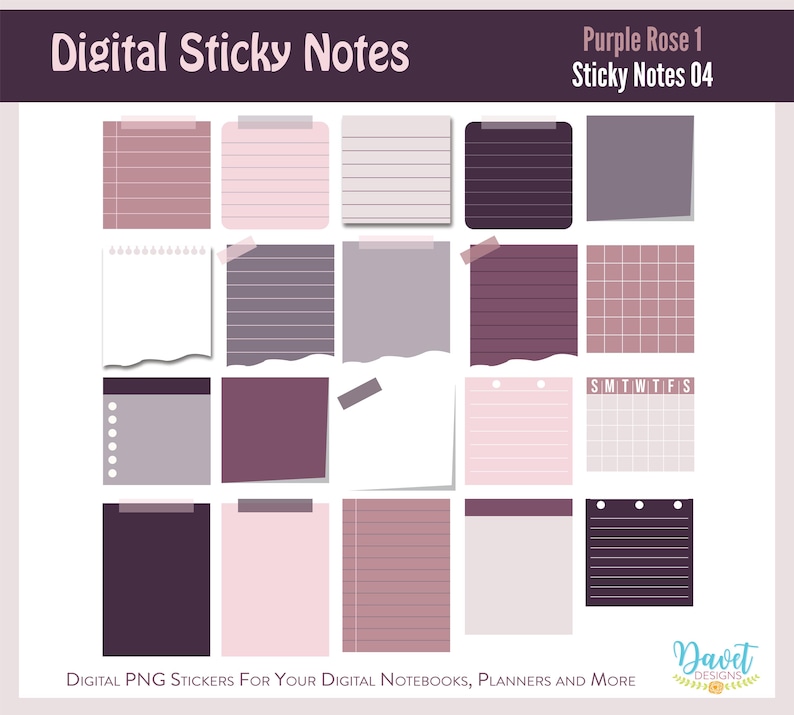 Sticky Note Purple 120 Digital Purple Rose Sticky Note Stickers / Goodnotes File ...