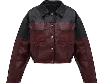 Upcycled leather cropped jacket for women, motorcycle jacket, red and black genuine leather, streetwear, cropped jacket, vintage 90s jacket