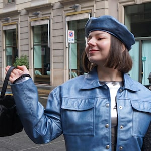 Blue leather jacket for women, upcycled clothing, elegant cropped jacket, genuine leather fall jacket, spring outwear, handmade gift for her