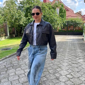 Upcycled leather jacket for women, motorcycle jacket, genuine leather, streetwear leather coat, cropped jacket, vintage jacket, bike jacket