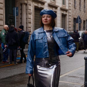 Blue leather jacket for women, upcycled clothing, elegant cropped jacket, genuine leather fall jacket, spring outwear, handmade gift for her