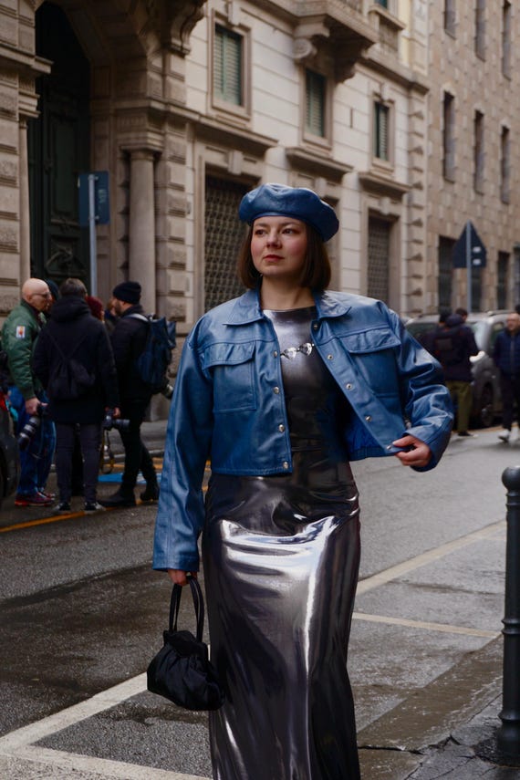 Upcycled leather jacket for women, elegant cropped blue jacket, genuine leather fall jacket, spring outwear, gift for her, evening gown