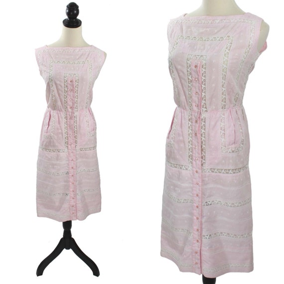Vintage 1950s Pink Cotton Lace Sleeveless Sheath D