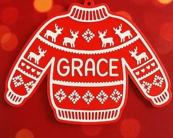 Personalisierter Weihnachtspullover-Anhänger mit Namen – 3D-gedruckt
