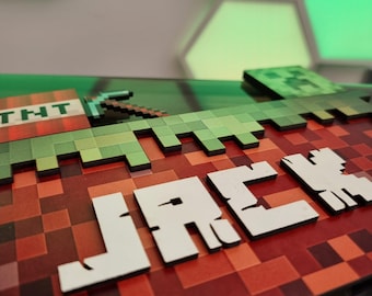 Türschild „Bergbau“, Türschild „Spielzimmer“, Namensschild im Pixel-Stil, Kinderzimmerschild, Minenschild, Geschenk für Gamer, Türschild für Gamer, Wanddeko für Kinder