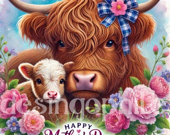 Highland Cow Mother's Day PNG with background,Happy Mothers Day,Mothers Day Sublimation,Floral cow Clipart,Highland Cow Clipart Bundle 3pngs