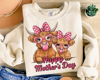 Highland Cow with Bow Mother's Day PNG, Coquette Highland Cow Bubblegum Tshirt Design,Happy Mothers Day PNG, Mother's Day Sublimation Design