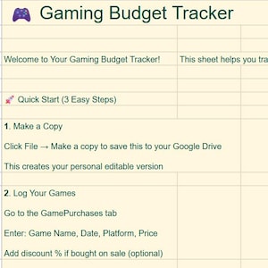 Può includere: Un foglio di calcolo digitale intitolato Gaming Budget Tracker con un'icona di controller viola. Include sezioni per Quick Start, Log Your Games, View Your Dashboard, Pro Tips e Need Help, fornendo istruzioni per tracciare gli acquisti.