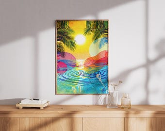 Impression d'art mural pour salon | Poster vertical mat coucher de soleil Vaporwave | Art glitch néon palmier