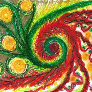 Biglietto d'auguri di Natale Stampa Disegno a pastello ad olio Allegro Spirale tropicale Rosso Verde Giallo Astratto Organico Intenso Caldo