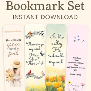 Könnte beinhalten: Druckbares Lesezeichen-Set mit inspirierenden Zitaten und Aquarellillustrationen. Die Lesezeichen zeigen Blumen- und Vogelmotive mit Sätzen wie "She walks in grace". Das Set ist beidseitig bedruckt.