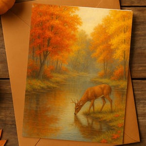 Könnte beinhalten: Eine Grußkarte mit einem Gemälde eines Hirsches, der in einem Herbstwald aus einem Fluss trinkt. Die Karte liegt auf einem braunen Umschlag, mit Kürbissen und Blättern auf einer Holzoberfläche. Die Bäume sind leuchtend orange und gelb.