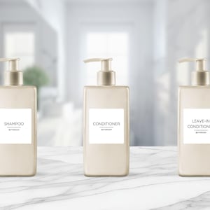 5cm x 5cm Bathroom Labels - Shampoo & Conditioner bottle Labels Organisation, Personalised, Water resistant, Minimalist, Custom Label