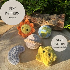 Patrón de ganchillo sin costuras: Amigurumi espacial - Tierra, Luna, Sol, Estrella, Saturno (Patrón PDF 5 en 1)