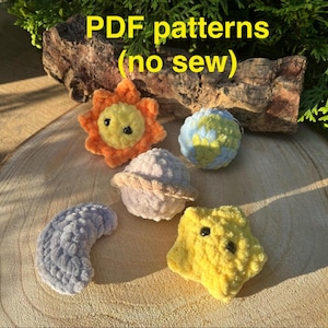 5 in 1 NO SEW PDF Mini Critters Crochet Pattern Space Cosmic Pack Small Amigurumi Claw Machine Toys Earth Star Moon Sun Saturn