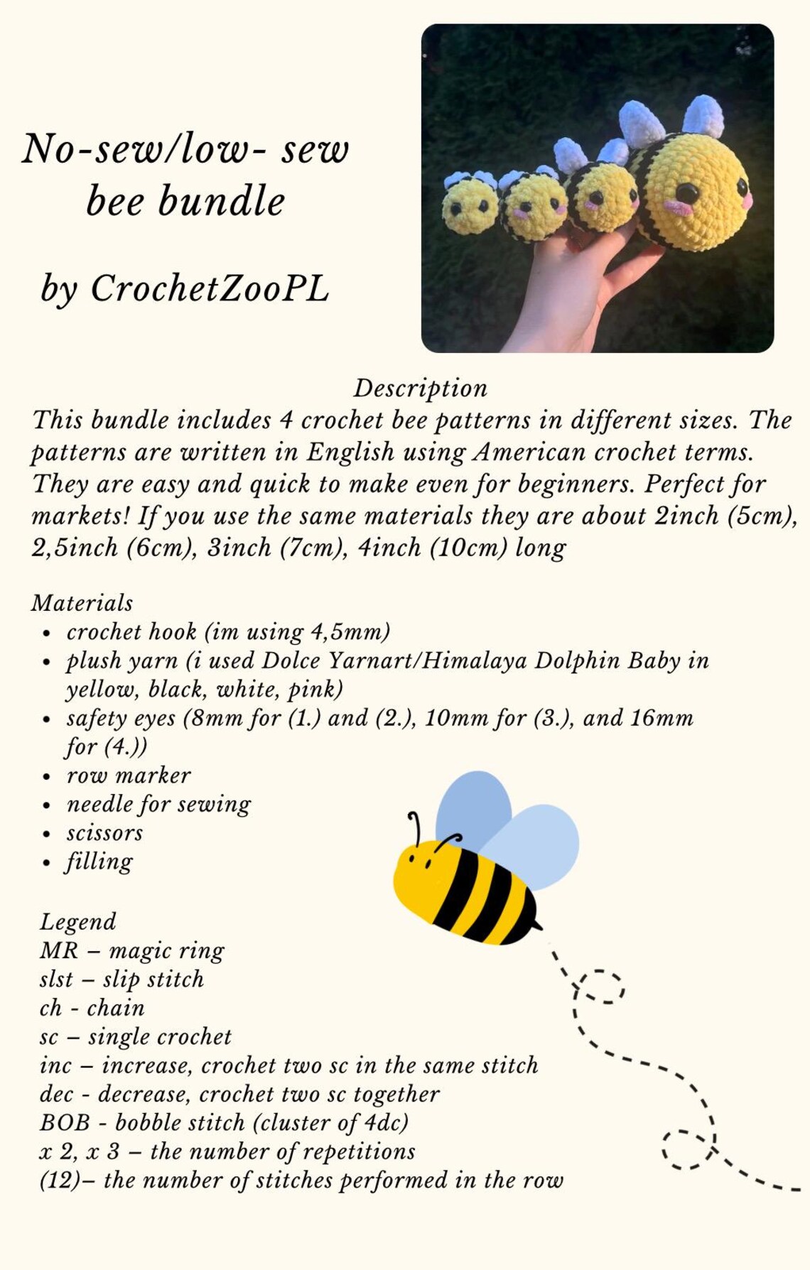 NO SEW (PDF Pattern) Crochet Bee Pattern in 4 Sizes: Amigurumi ...