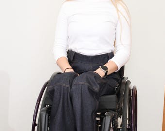 Women's wheelchair trousers 100% denim jeans with drop down front and no back seam