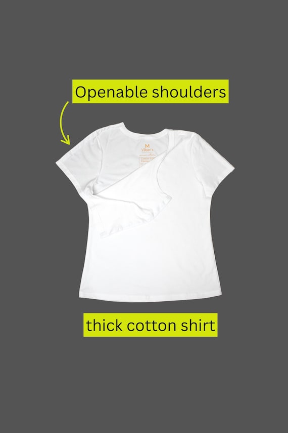 Shoulder Surgery Recovery Tee - Openable Shoulders | Soft Seams (Seamsoft™), Tagless | White | Thick cotton shirt
