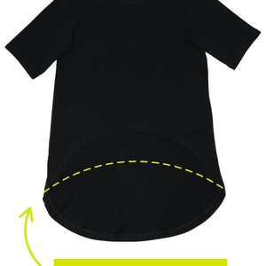 May include: A black t-shirt with short sleeves and a rounded, cropped front hemline. The text "cropped front" is displayed in a green rectangle below the shirt. The shirt is made of a soft, opaque fabric.