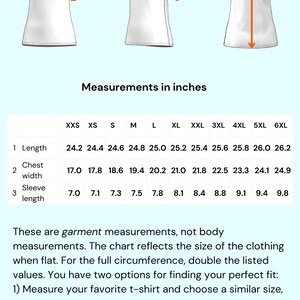 K&ouml;nnte beinhalten: T-Shirt-Gr&ouml;&szlig;entabelle mit Ma&szlig;en in Zoll f&uuml;r L&auml;nge, Brustweite und &Auml;rmell&auml;nge. Gr&ouml;&szlig;en von XXS bis 6XL. Die Tabelle erkl&auml;rt, wie man ein T-Shirt f&uuml;r die beste Passform misst.