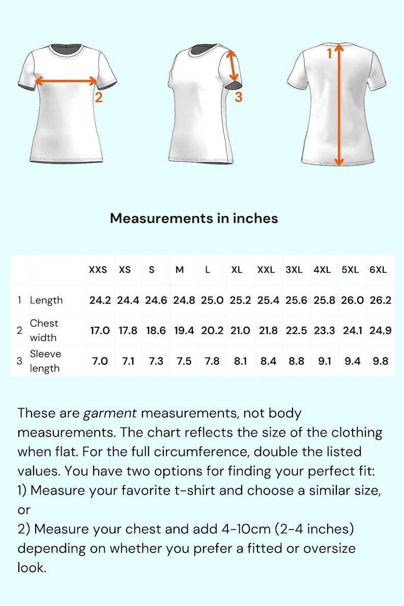 K&ouml;nnte beinhalten: T-Shirt-Gr&ouml;&szlig;entabelle mit Ma&szlig;en in Zoll f&uuml;r L&auml;nge, Brustweite und &Auml;rmell&auml;nge. Gr&ouml;&szlig;en von XXS bis 6XL. Die Tabelle erkl&auml;rt, wie man ein T-Shirt f&uuml;r die beste Passform misst.
