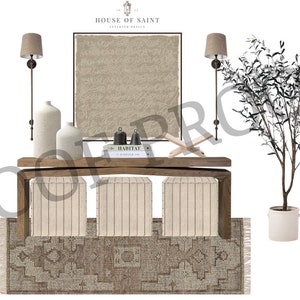 May include: A wooden console table with three white cushioned stools, a framed print with the text "HOUSE OF SAINT INTERIOR DESIGN", two wall sconces with fabric lampshades, two white ceramic vases, a stack of books with the title "HABITAT", and a potted olive tree.