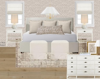 May include: A bedroom interior design featuring a bed with patterned pillows, two white ottomans, and a white dresser. The room has a floral wallpaper accent wall, two windows with shades, and two white bedside tables with lamps.