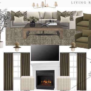 May include: A living room design concept with a neutral colour scheme. The room includes a large sofa, two armchairs, a coffee table, a rug, curtains, and a fireplace. The text "LIVING ROOM" is at the top.