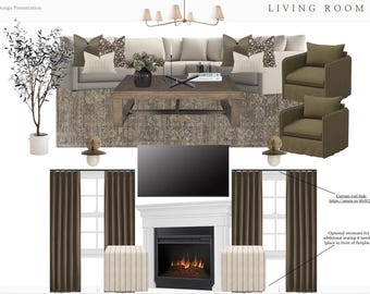 May include: A living room design presentation featuring a neutral color palette. The room includes a large sofa, two armchairs, a coffee table, a rug, curtains, and a fireplace. The text "LIVING ROOM" is at the top.