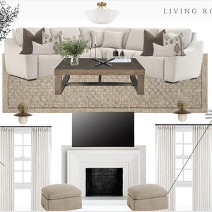 Puede incluir: Concepto de diseño de interiores de sala de estar con un gran sofá esquinero, una mesa de centro y una alfombra. La habitación incluye una chimenea, cortinas e iluminación decorativa. El texto "LIVING ROOM" está en la parte superior.