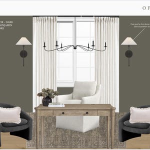 May include: An office interior design concept featuring dark olive walls, a wooden desk, and two dark gray armchairs with white pillows. The room includes a white armchair, a chandelier, and white curtains. The text reads "OFFICE" and "PAINT COLOR - DARK OLIVE BY BENJAMIN MOORE."