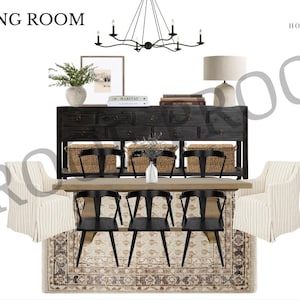 May include: A black dining table with six black chairs and a white and beige striped chair. The table is set with a white vase and greenery. A black sideboard with drawers and baskets is behind the table. A black chandelier hangs above the table. The rug is beige with a brown and black pattern. The text "HOUSE OF SAINT" is visible in the top right corner of the image.