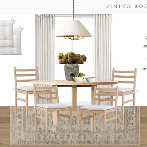May include: A dining room scene featuring a round wooden table with four matching chairs. The chairs have light-colored wooden frames and striped seat cushions. A rug, curtains, and a hanging light fixture complete the room's decor. The text "DINING ROOM" is at the top.