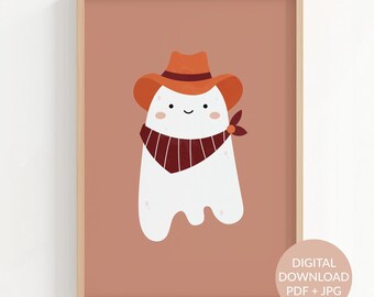 Adorable cowboy ghost printable wall art | Modern graphic Halloween poster | Spooky season kids room decor | Fall living room poster