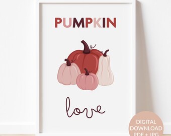 Pumpkin love - cute and modern printable wall art, Unique fall home decor for living room, Cozy autumn gallery wall print, Halloween poster
