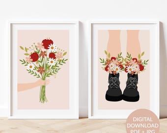 Set von 2 modernen Blumen Wohnzimmer Illustrationen, bunte druckbare Wandkunst mit blühenden Blumen, Cottage ästhetischer Druck, gemütliches Mädchenzimmer