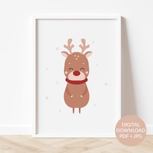 Pôster adorável de rena para impressão, Arte de parede de Natal exclusiva para berçário, Impressão de feriado divertida e festiva para sala de estar aconchegante, Arte moderna para crianças