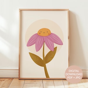 Cute Pink Flower Printable Wall Art, Whimsical Floral Print for Nursery, Retro Kids Room Poster, Rustic Style Girl Bedroom Decor, Digital