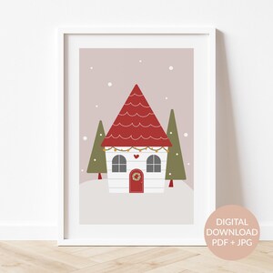 Cute little cottage printable wall art, Festive and cozy Christmas home decor, Modern Winter theme poster, Unique kids room holiday print