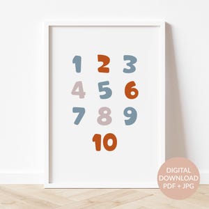 May include: A printable poster featuring the numbers 1 to 10 in a colourful, playful font. The numbers are arranged in three rows, with the number 10 at the bottom. The numbers are in shades of blue, orange, and pink.