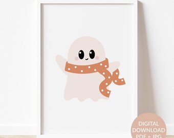 Friendly little ghost printable wall art, Cute and modern Halloween print for kids party, Minimalist fun spooky season decor for living room