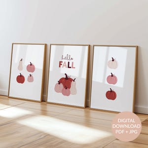 Conjunto de 3 ilustraciones de otoño imprimibles, lindo arte de pared de calabaza para un dormitorio elegante, carteles de otoño modernos y divertidos para un apartamento de estética boho