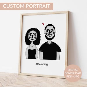 Custom cartoon couple portrait - printable illustration, Personalized wedding anniversary gift, Valentines day gift for her, Dark gothic art