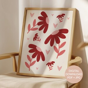 Impression d&#39;art floral rouge : design floral minimaliste moderne (téléchargement numérique)