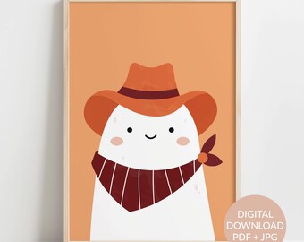 Modern cowboy ghost printable wall art | Cute Halloween kids room decor | Funny ghost poster for Fall | Spooky season nursery art | Digital