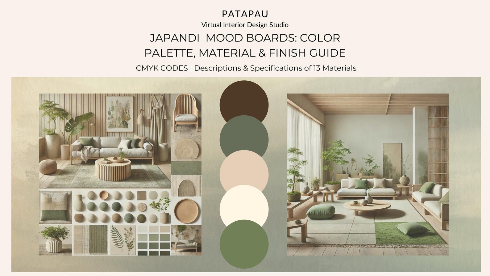 Japandi Color Palette Digital Mood Boards With CMYK Codes, Materials